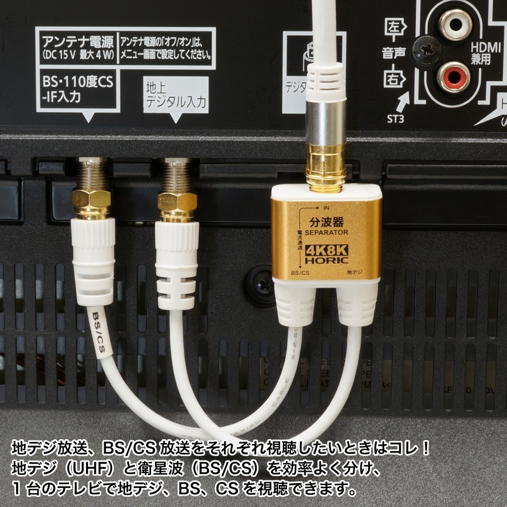 アンテナ分波器 ネジ式コネクタ 極細ケーブル10cm 4K8K対応 HORICC