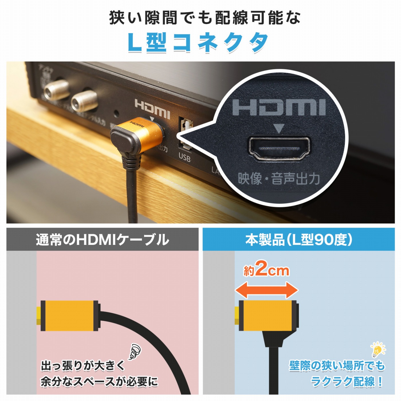 春先取りの HORIC HDMIケーブル L型270度 2m ゴールド HL20-342GD